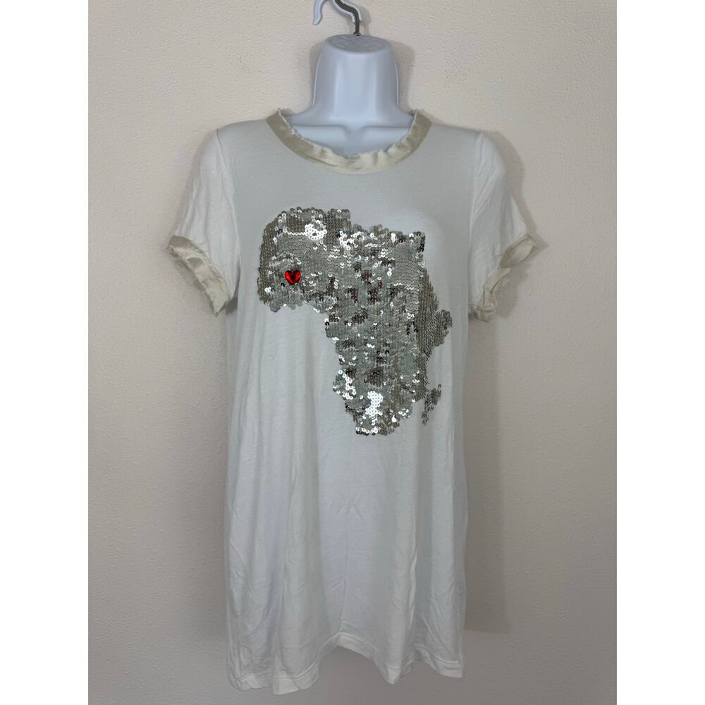 P.A.R.O.S.H. Sequin Africa Map T-Shirt White Silver Red Heart Size M